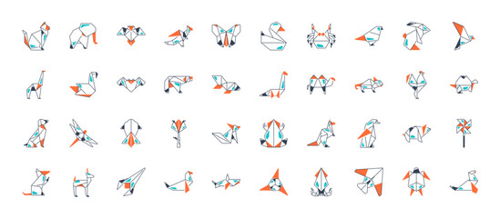 Origami Folded Paper Animals Shapes. Bird, Crane, Cat, Dog, Rhino, Fox, Mouse, Elephant. Flat Icon Illustration Set Collection

