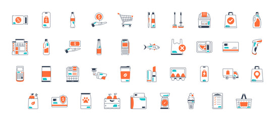 Grocery icons. Images of the departments of the grocery store, online sales, geo delivery, consumer basket, dairy and meat products, bread, vegetables, fruits