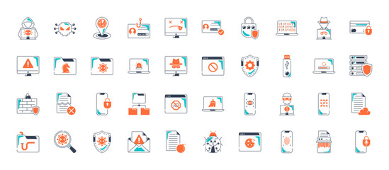 Set of 40 icons related to internet security, IOT, internet of things, smart house, innovation. Icon collection vector illustration.