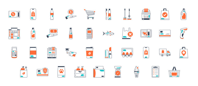 Grocery icons. Images of the departments of the grocery store, online sales, geo delivery, consumer basket, dairy and meat products, bread, vegetables, fruits