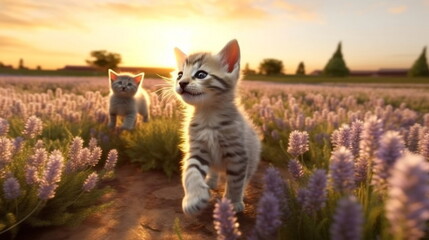Obraz premium kitty cat and puppy on wild meadow field ,groop of bee and butterfly on flowers lavender, poppy ,daisies, cornflowers at summer sunset ,generated ai