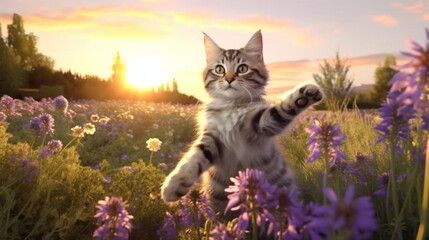 Obraz premium kitty cat and puppy on wild meadow field ,groop of bee and butterfly on flowers lavender, poppy ,daisies, cornflowers at summer sunset ,generated ai
