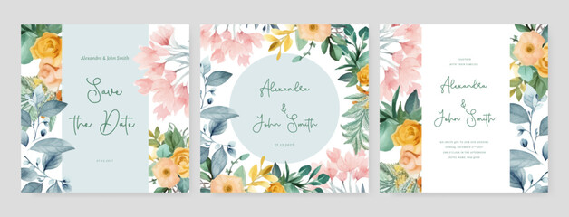 colorful colourful floral flower vector watercolor colorfull wedding invitation card template set with golden floral decoration