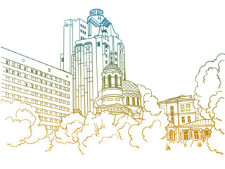 Nice cityscape of the old Kiev, Ukraine. Urban landscape in hand drawn sketch style. Ink line sketch. Vector illustration on white. Postcard style. Urban sketch. Without people.
