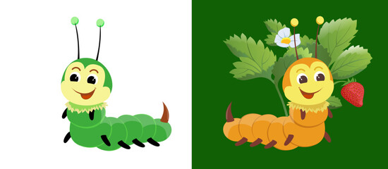 Lucky caterpillar on a pebble with a leaf. Children's vector illustration, print. Vector. - obrazy, fototapety, plakaty