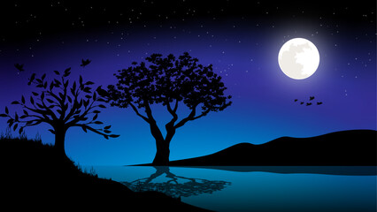 Fototapeta na wymiar Night landscape with big moon Background design.