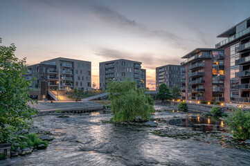 the town center of Silkeborg on the banks of Gudena river in twilight hour