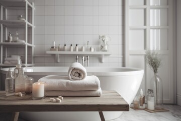 Fototapeta na wymiar Over a blurring classic bathroom with a bathtub and a wooden table top or shelf with scented stick bottles, white interior architecture. Generative AI