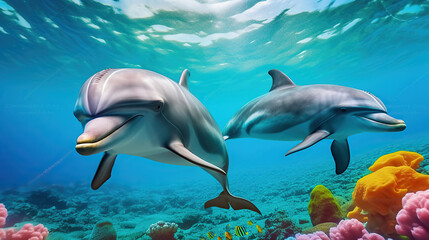 Fototapeta na wymiar A Couple of dolphins in colorful underwater. Generative AI