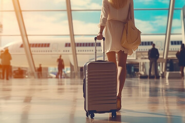 Fashion woman in skirt with long slender legs, walking in airport with suitcase. Trip vacation