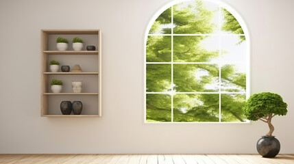 Embrace the Beauty of a White Room with a Shelf and a Breathtaking Green Landscape Peeking Through the Window. Generative AI