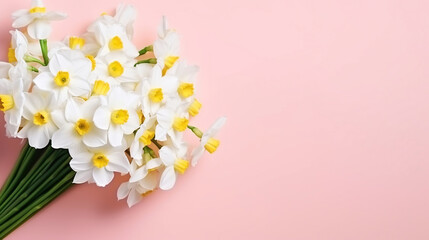 Lush bouquet of white-yellow daffodils isolated on pink background. Top view, copy space for text, Generative AI