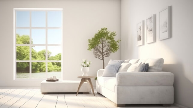 Idea of white room with sofa and summer landscape in window. Scandinavian interior design. Generative AI