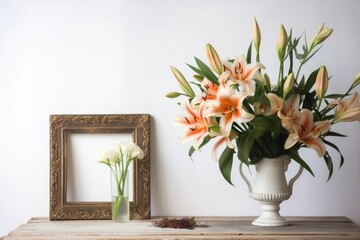 On a wooden table with a painted white background, a facsimile of an old square wooden frame is displayed next to a lily arrangement. A basic, rustic aesthetic. Generative AI