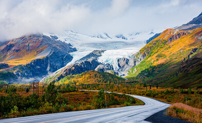 View of Worthington Glacier on highway near Valdez, Alaska in fall season.