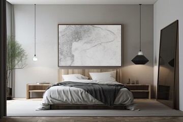 Poster on the wall close to the bedroom's interior, which features a bed with nightstands, two hanging lamps, and light parquet. a notion for a contemporary home design. Generative AI