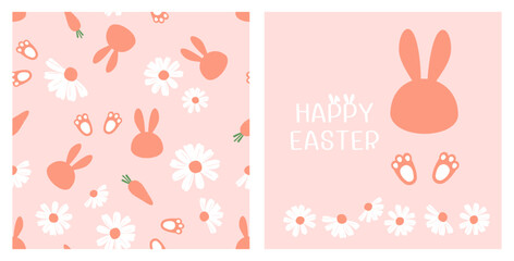 Seamless pattern with bunny cartoons, carrot, rabbit's foot and daisy flower on pink background. Happy Easter icon signs with rabbit face, foot and daisy flower vector illustration.