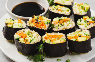 Vegan Sushi Rolls with Fresh Vegetables and Quinoa, Tasty Vegetarian Meal
