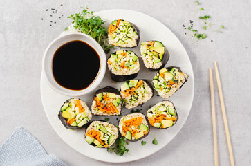 Vegan Sushi Rolls with Fresh Vegetables and Quinoa, Tasty Vegetarian Meal