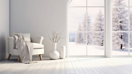 White room with chair and winter landscape in window. Scandinavian interior design. 3D illustration. Generative AI