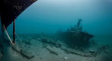 Foto op Plexiglas Schipbreuk amazing sunken ship in the depths of the sea with good lighting and sharpness