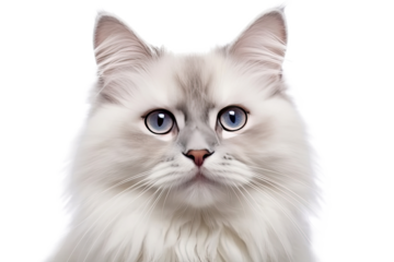 Cute fluffy portrait kitty Cat Ragdoll looking at camera isolated on clear png background, funny moment, pet concept, with Generative Ai.