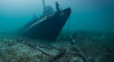 amazing sunken ship below the surface of the sea with good lighting