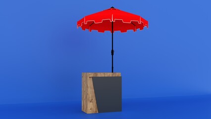 Wooden welcome desk and red umbrella. 3d rendering.