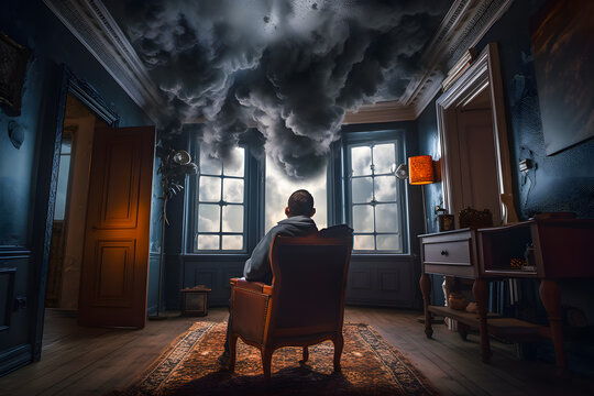 Man Sits On A Chair In An Empty Room With A Cloud Near The Ceiling. A Person Is In The Clouds, A Clouded Mind, Loneliness Is Lost, Society. Generative AI.