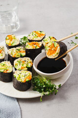 Vegan Sushi Rolls with Fresh Vegetables and Quinoa, Tasty Vegetarian Meal