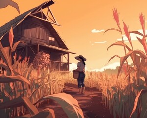 A female farmer holds a basket on a farm background. (Illustration, Generative AI)