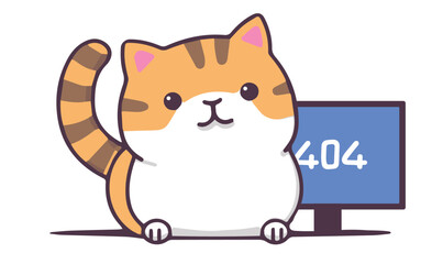 Cute cartoon kawaii cat 404 error, page not found. Webpage failure. Flat vector illustration isolated on white background.