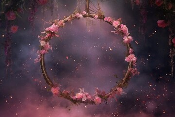 A photography backdrop with a dark floral halo ring hanging. (Illustration, Generative AI)