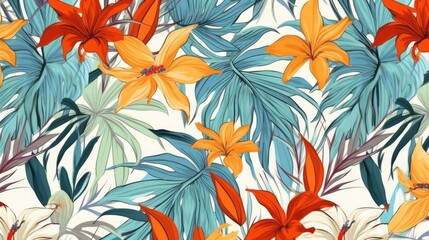 A modern tropical print with palm leaves and flowers. (Illustration, Generative AI)