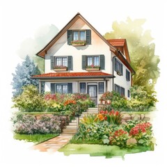 Fototapeta na wymiar A beautiful German house with a garden in city photography. (Illustration, Generative AI)
