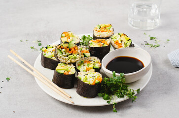 Vegan Sushi Rolls with Fresh Vegetables and Quinoa, Tasty Vegetarian Meal