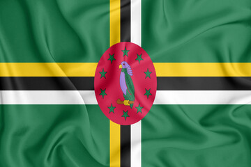 Dominica flag waving with the wind, wide format, 3D illustration rendring. Design with satin fabric. to be used for educational purposes or for illustrations of videos or vlogs.