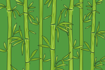Bamboo forest background. Green cartoon thickets. Natural horizontal banner. Vector illustration