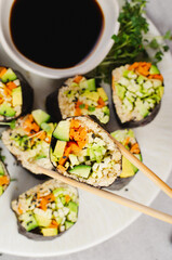 Vegan Sushi Rolls with Fresh Vegetables and Quinoa, Tasty Vegetarian Meal