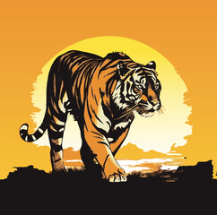 Tiger signs - vector illustration. Tiger on sunset background. T-shirt design.