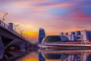 Singapore city skyline at twilight, View of Marina Bay 