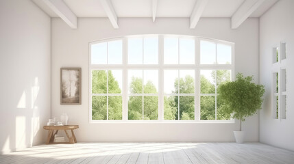 Fototapeta na wymiar White empty room with summer landscape in window. Scandinavian interior design. 3D illustration. Generative AI