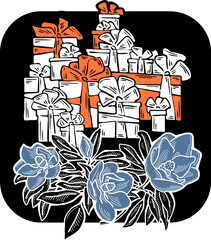 Present box with ribbon bow decorated with flowers for birthday gift, sale promotion, valentines or mothers day card, poster print. Hand drawn cartoon style illustration. Line vector drawing.