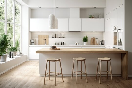 Over a blurring modern Scandinavian minimalist kitchen with island and stools, white architecture interior design, a wooden table top or shelf with fragrant stick bottles,. Generative AI