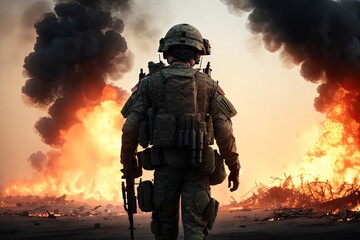 Army soldier in action. Great explosion with fire and smoke billows, ai generative