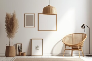 Rattan chair, lamp, potted plant, and blank picture frame in minimalist home on white wall background. Generative AI