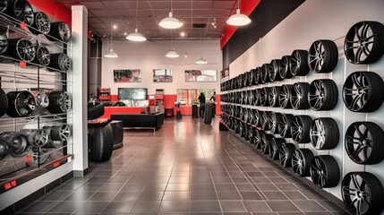 Modern tire store interior, Generative AI