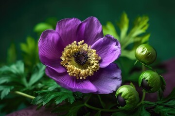 Purple anemone in closeup against a vibrant floral backdrop. a bouquet of vibrant flowers. minimalistic style. green leaf with purple flowers. Generative AI