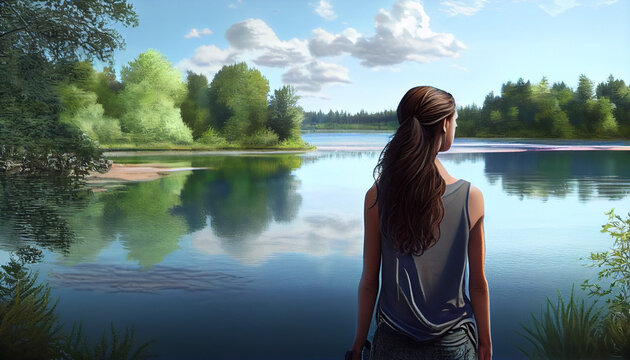 Woman standing by the lake on a serene summer morning, exuding natural beauty, joy, gratitude, peace, solitude, serenity, and a sense of vitality, view from behind Ai generated image