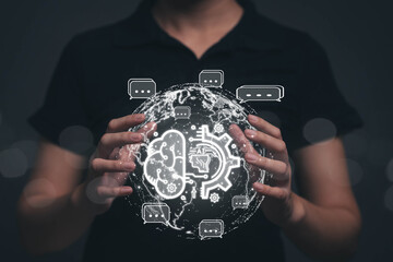 Chatbot chat with AI artificial intelligence. Concept of using AI technology to help work in order to work easier and faster. Future technology development business